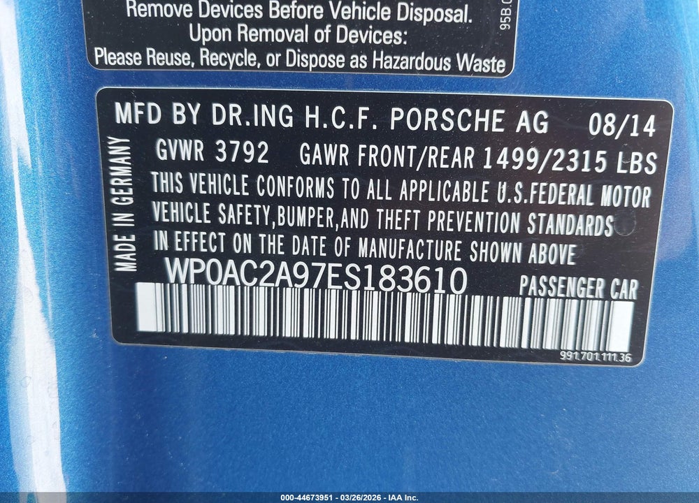 2014 PORSCHE 911 GT3 VIN: WP0AC2A97ES183610