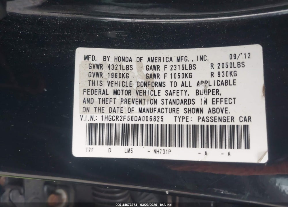 2013 HONDA ACCORD SPORT VIN: 1HGCR2F56DA006825