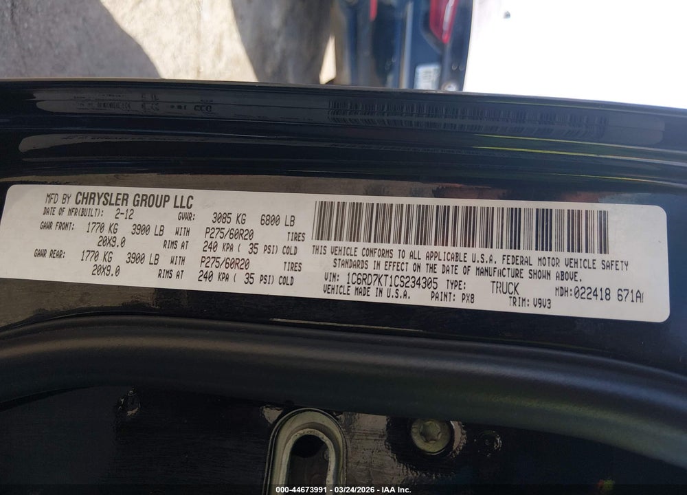 2012 RAM 1500 ST VIN: 1C6RD7KT1CS234305