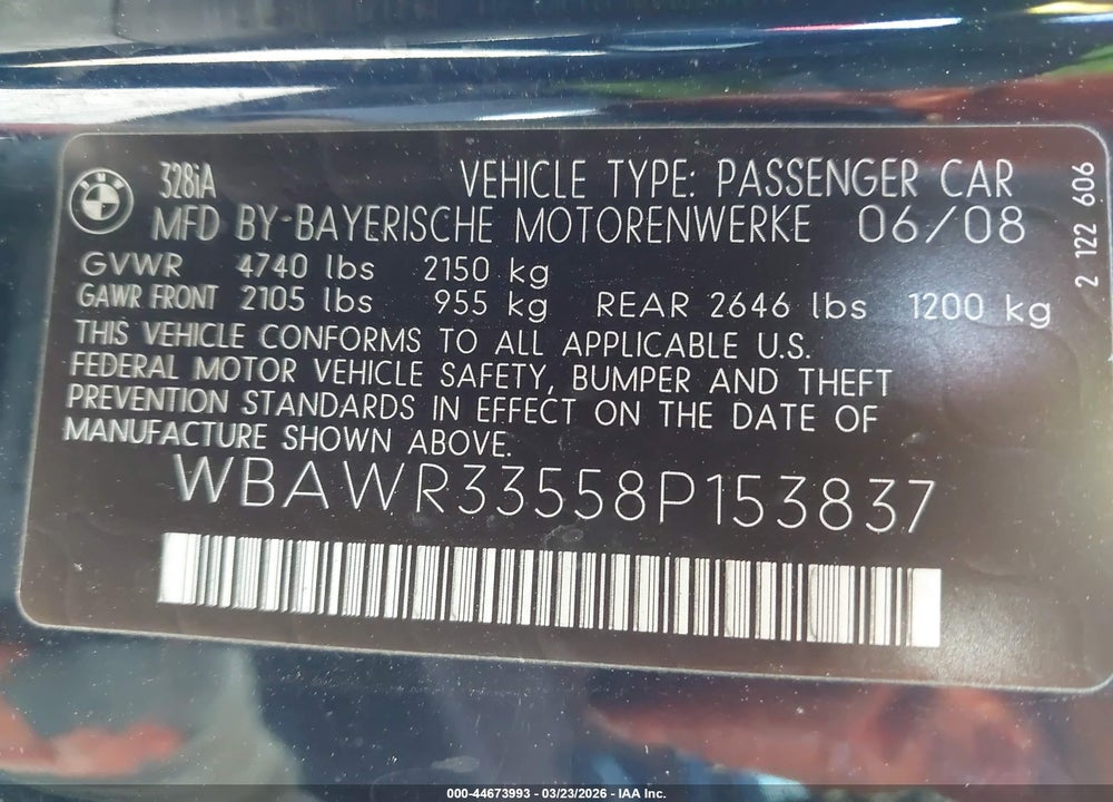 2008 BMW 328I VIN: WBAWR33558P153837