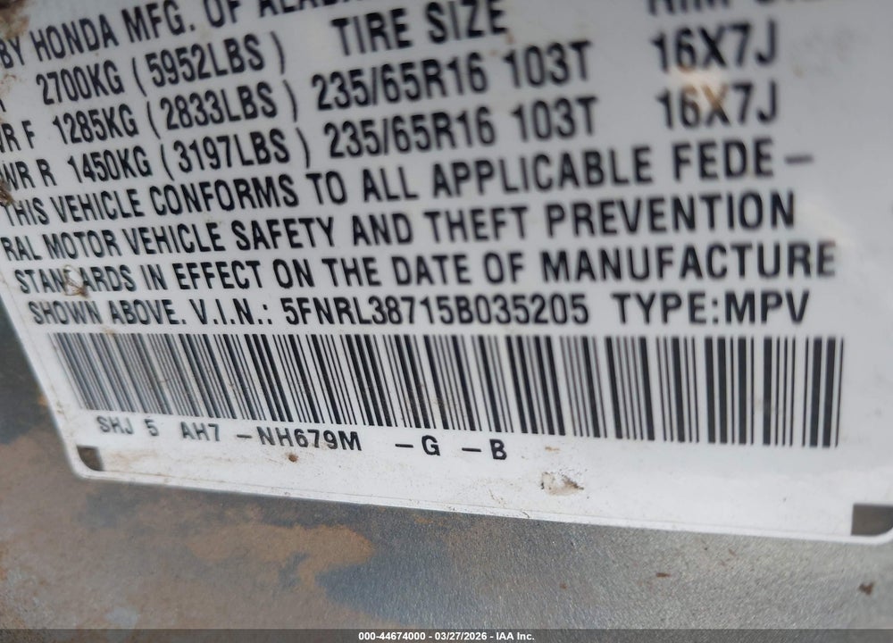 2005 HONDA ODYSSEY EX-L VIN: 5FNRL38715B035205