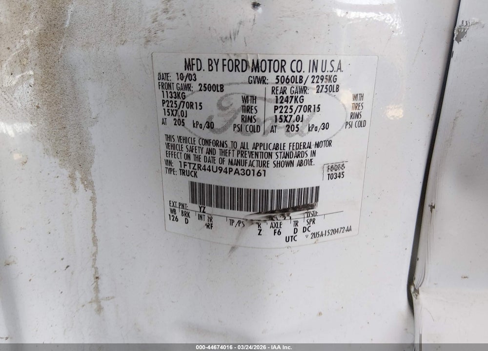 2004 FORD RANGER EDGE/TREMOR/XLT VIN: 1FTZR44U94PA30161