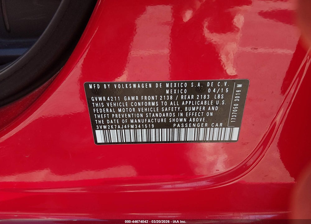 2015 VOLKSWAGEN JETTA 2.0L S VIN: 3VW2K7AJ4FM341519