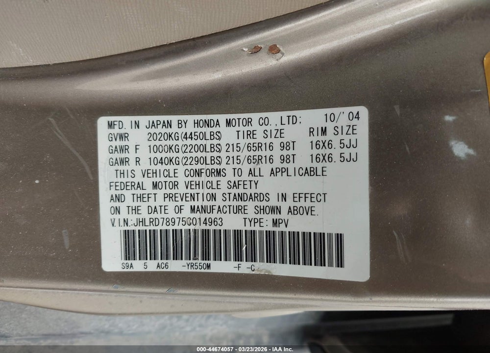 2005 HONDA CR-V SE VIN: JHLRD78975C014963
