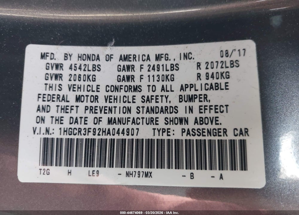 2017 HONDA ACCORD TOURING V6 VIN: 1HGCR3F92HA044907