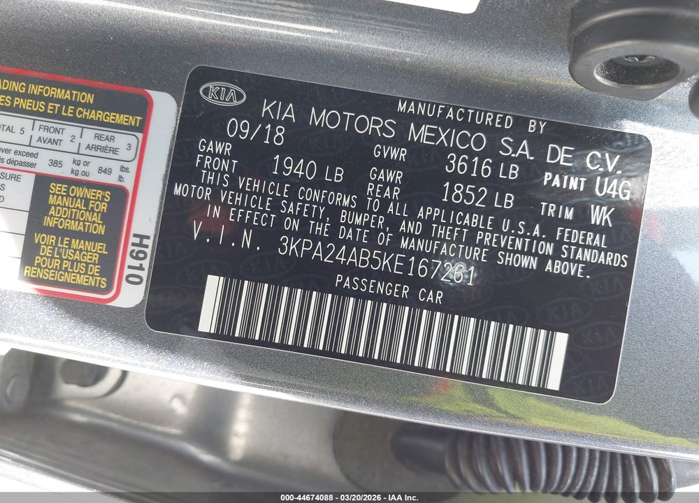 2019 KIA RIO S VIN: 3KPA24AB5KE167261
