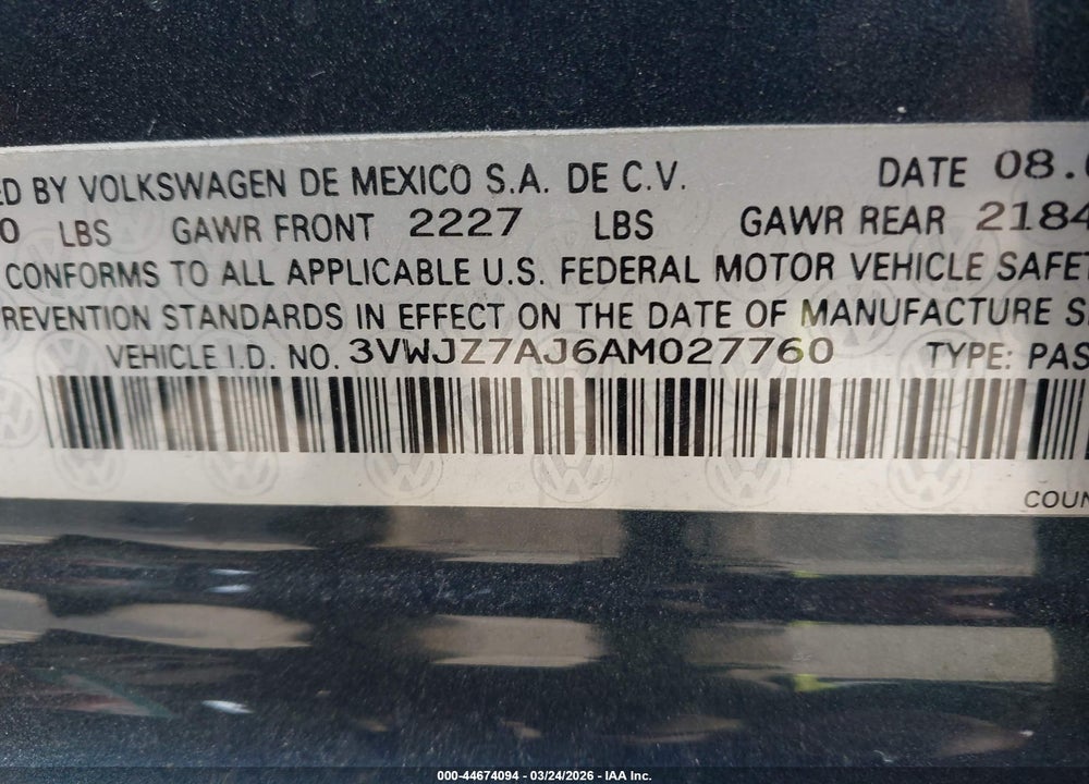 2010 VOLKSWAGEN JETTA S VIN: 3VWJZ7AJ6AM027760