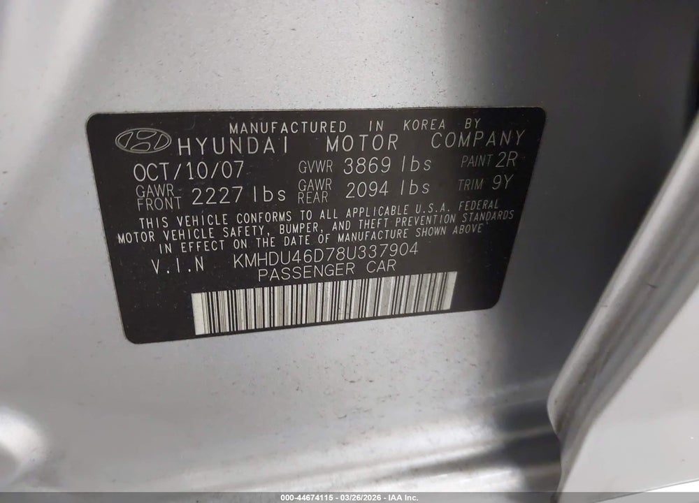 2008 HYUNDAI ELANTRA GLS/SE VIN: KMHDU46D78U337904