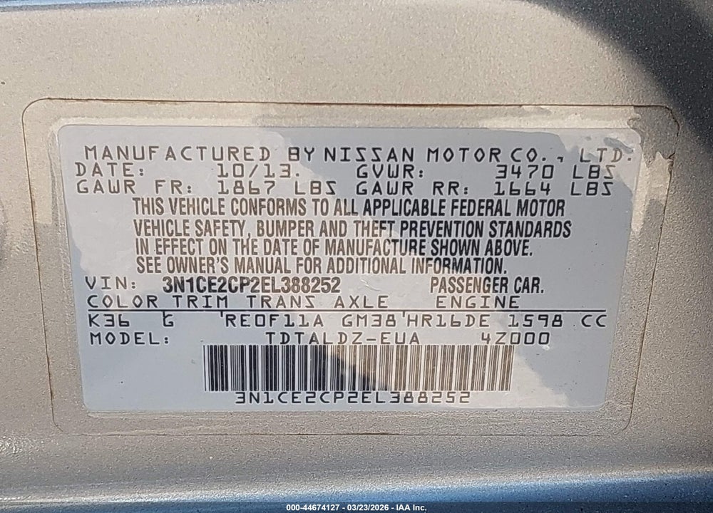 2014 NISSAN VERSA NOTE SV VIN: 3N1CE2CP2EL388252
