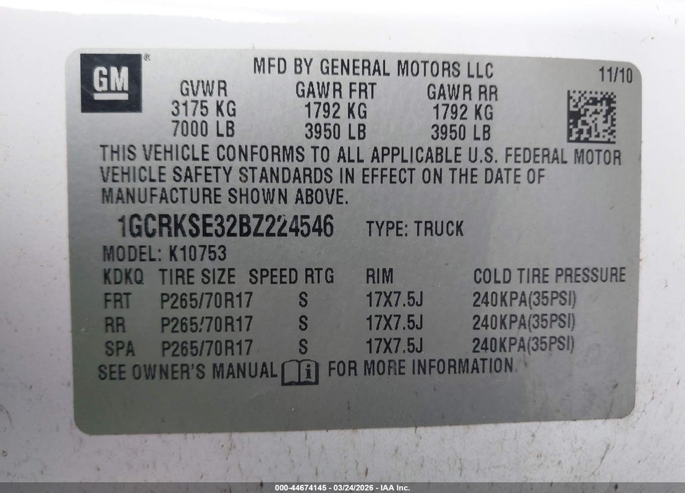 2011 CHEVROLET SILVERADO 1500 LT VIN: 1GCRKSE32BZ224546