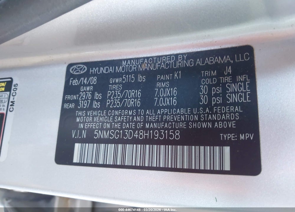 2008 HYUNDAI SANTA FE GLS VIN: 5NMSG13D48H193158