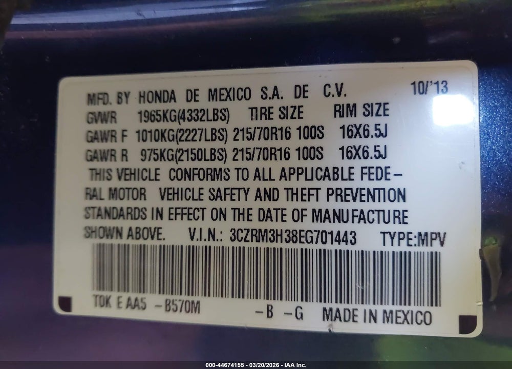 2014 HONDA CR-V LX VIN: 3CZRM3H38EG701443