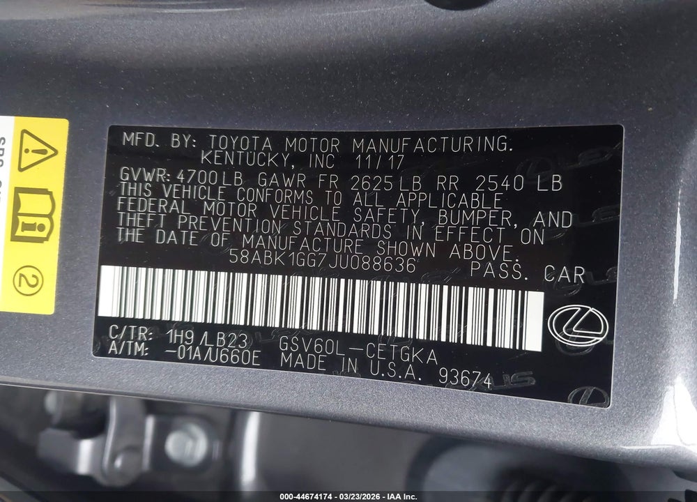 2018 LEXUS ES 350 VIN: 58ABK1GG7JU088636