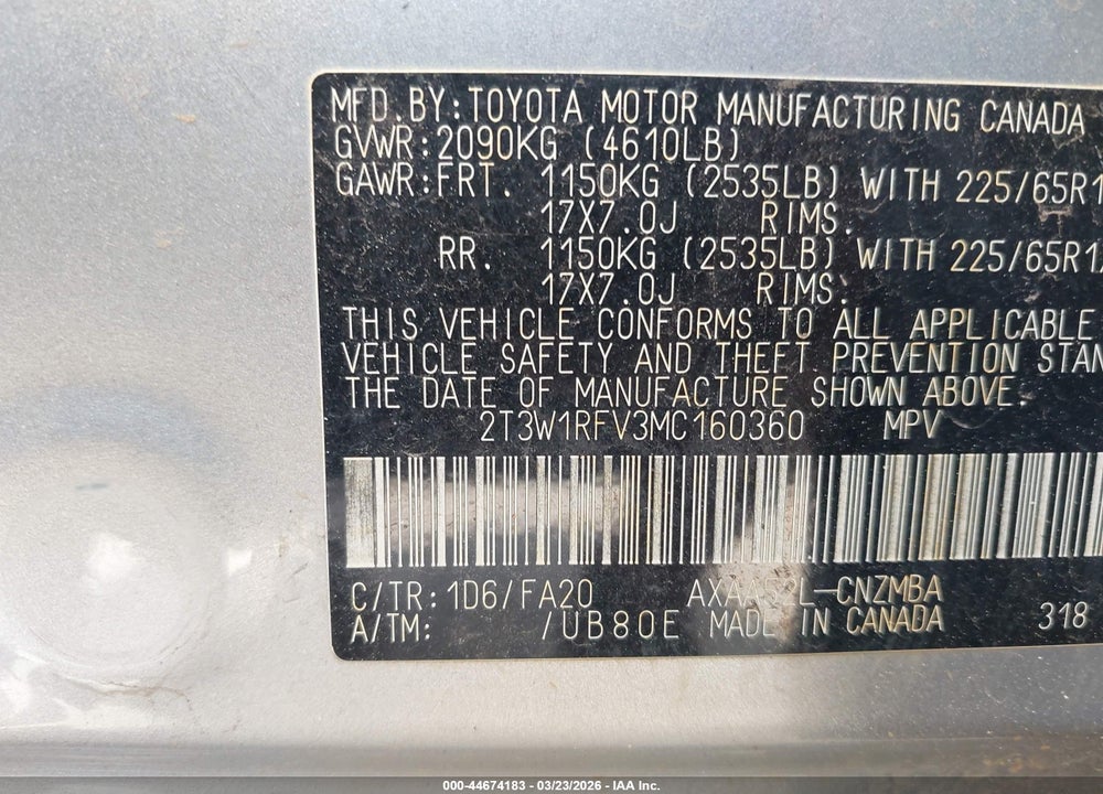 2021 TOYOTA RAV4 XLE VIN: 2T3W1RFV3MC160360