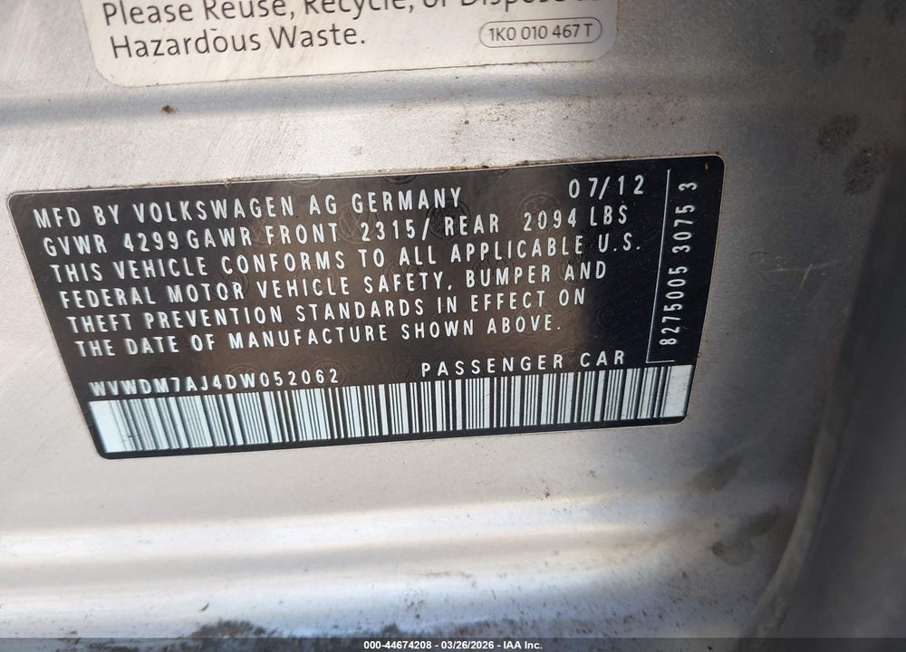 2013 VOLKSWAGEN GOLF 2.0L TDI 4-DOOR VIN: WVWDM7AJ4DW052062