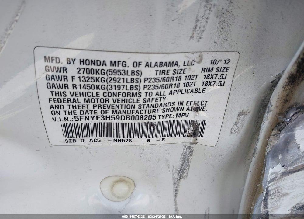 2013 HONDA PILOT EX-L VIN: 5FNYF3H59DB008205