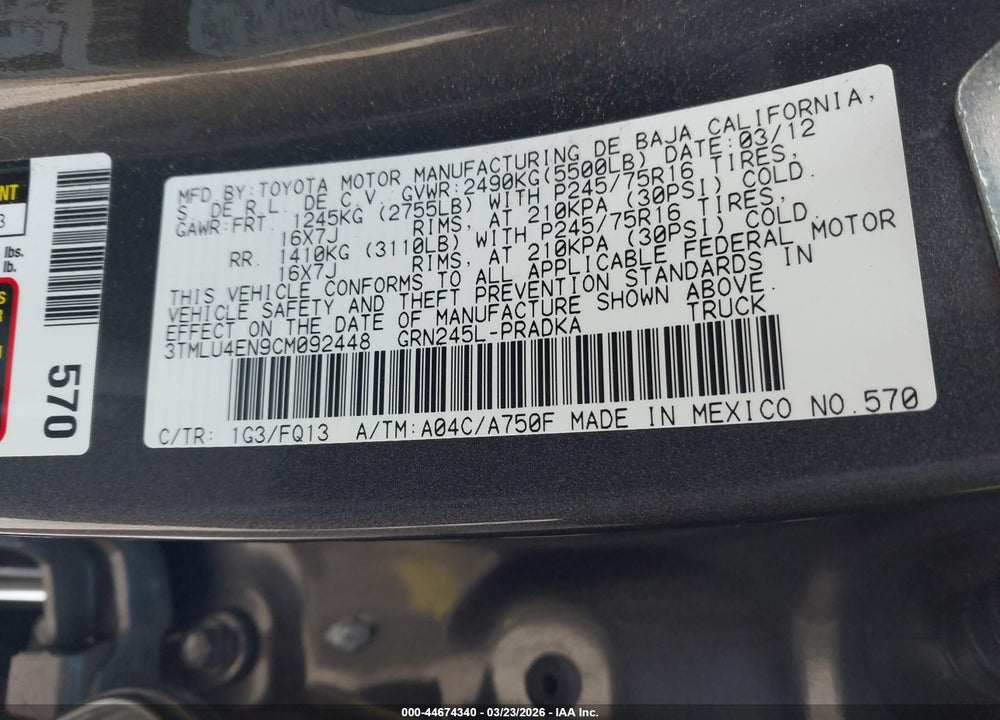 2012 TOYOTA TACOMA BASE V6 VIN: 3TMLU4EN9CM092448