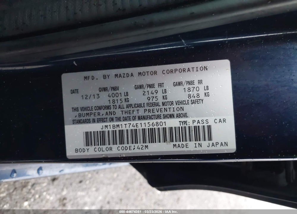 2014 MAZDA 3 I SV VIN: JM1BM1T74E1156801
