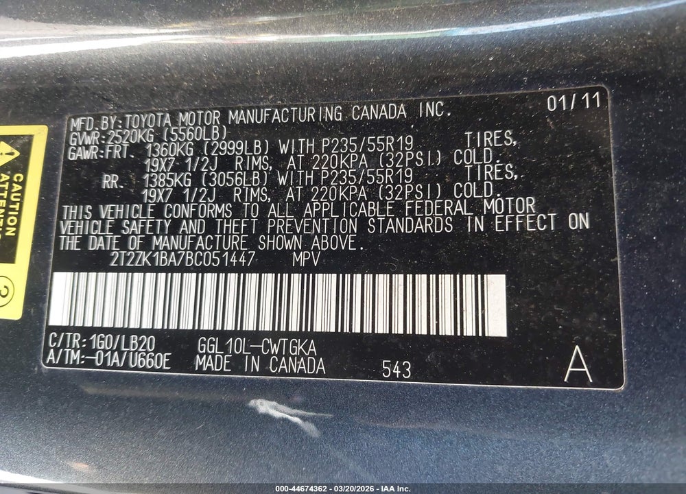 2011 LEXUS RX 350 VIN: 2T2ZK1BA7BC051447