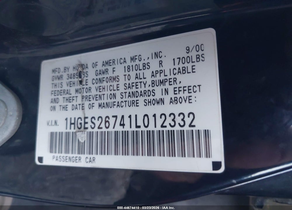 2001 HONDA CIVIC EX VIN: 1HGES26741L012332
