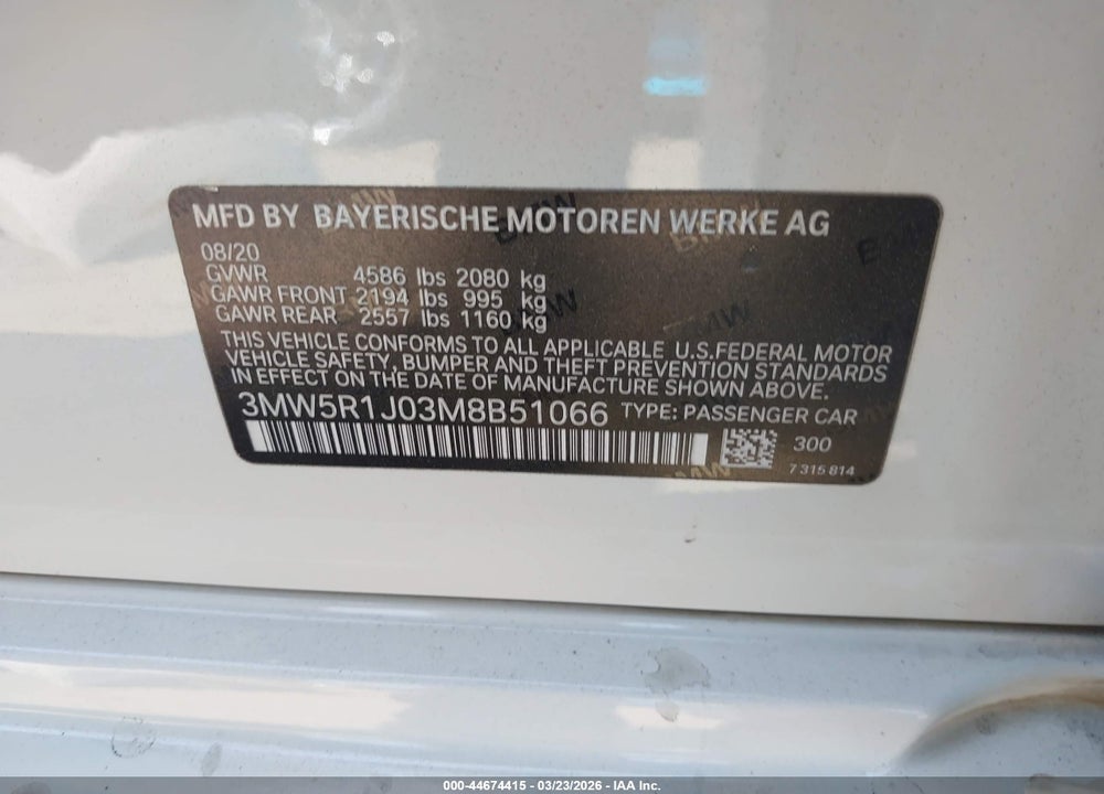 2021 BMW 330I VIN: 3MW5R1J03M8B51066
