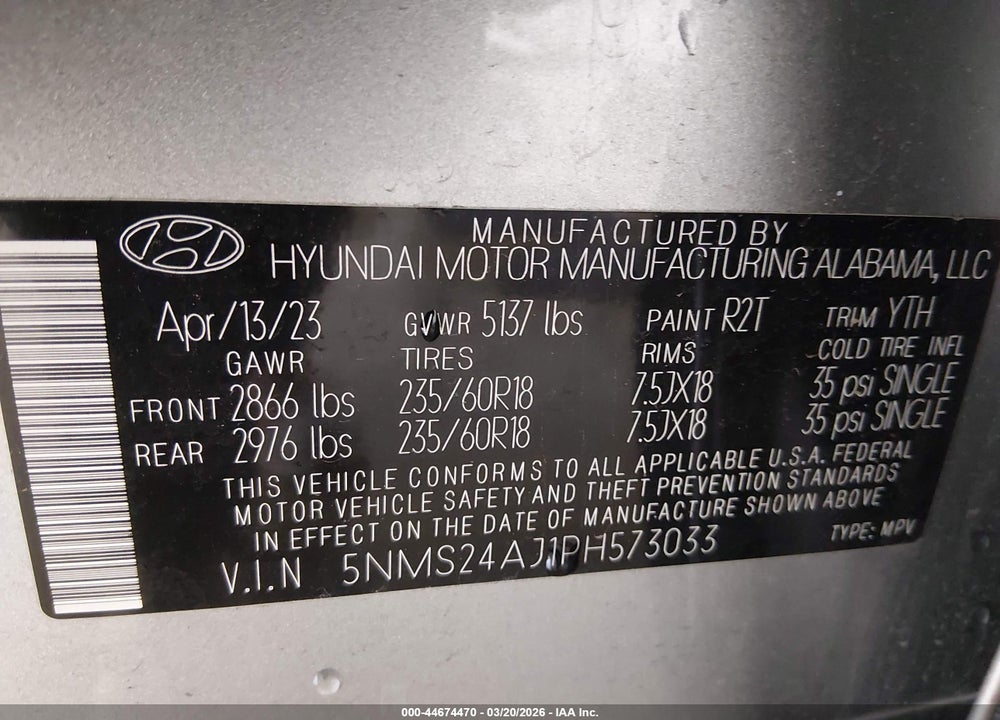 2023 HYUNDAI SANTA FE SEL VIN: 5NMS24AJ1PH573033