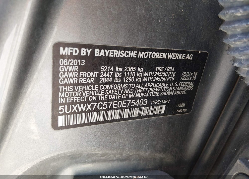 2014 BMW X3 XDRIVE35I VIN: 5UXWX7C57E0E75403