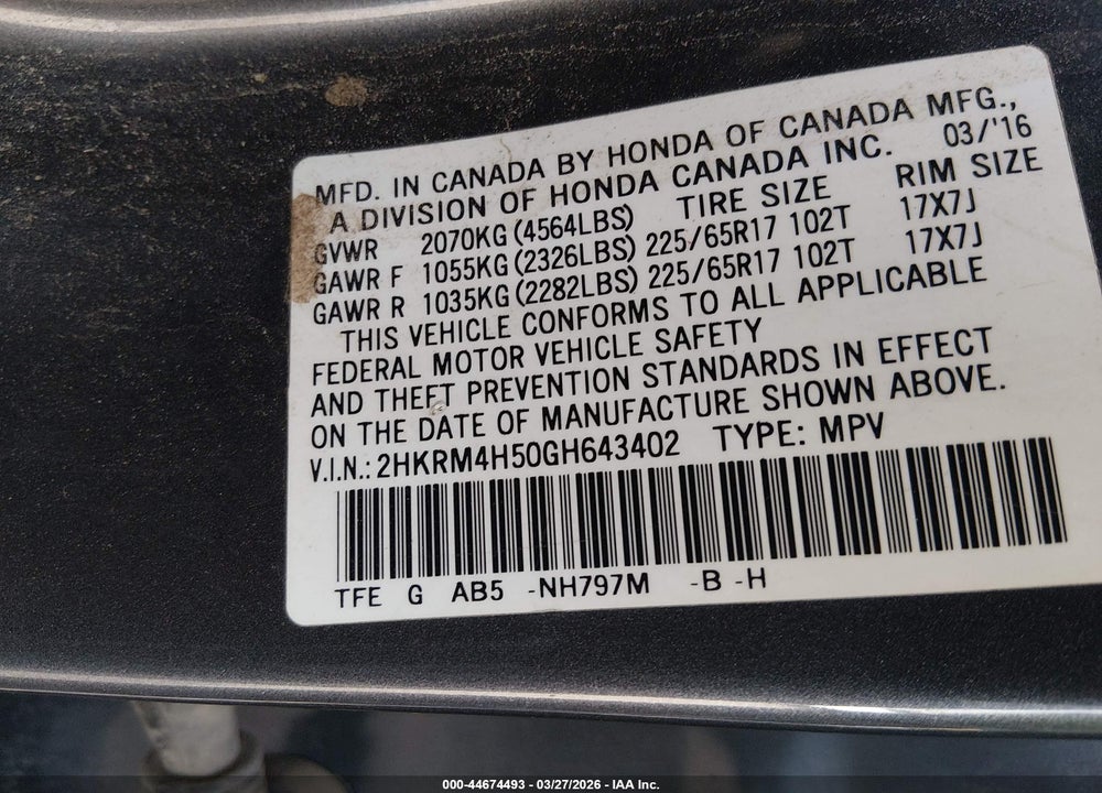 2016 HONDA CR-V EX VIN: 2HKRM4H50GH643402