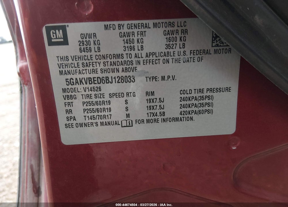 2011 BUICK ENCLAVE 1XL VIN: 5GAKVBED6BJ128033