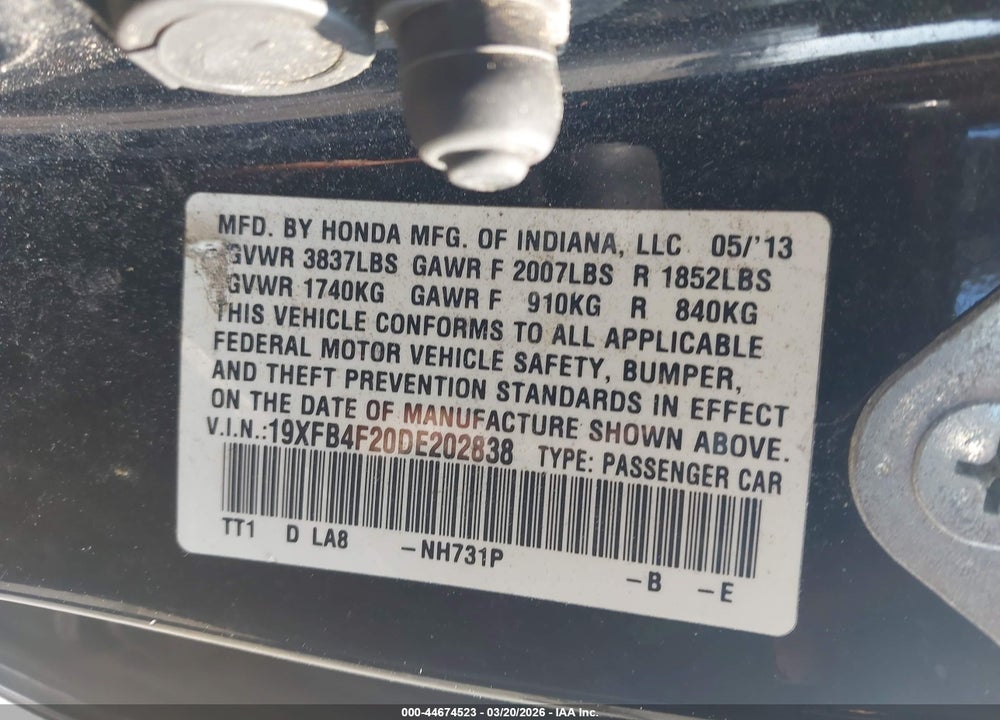 2013 HONDA CIVIC HYBRID VIN: 19XFB4F20DE202838
