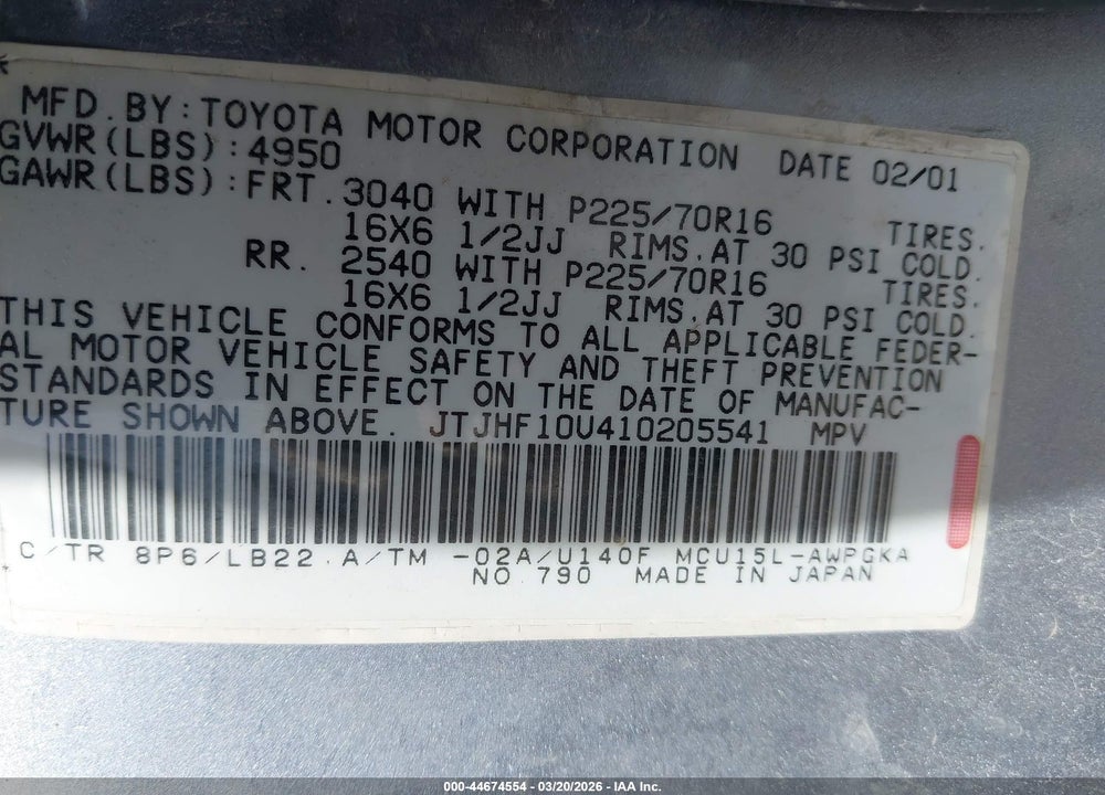 2001 LEXUS RX 300 VIN: JTJHF10U410205541