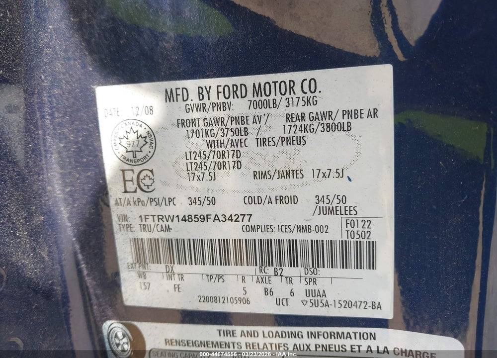 2009 FORD F-150 XL/XLT VIN: 1FTRW14859FA34277