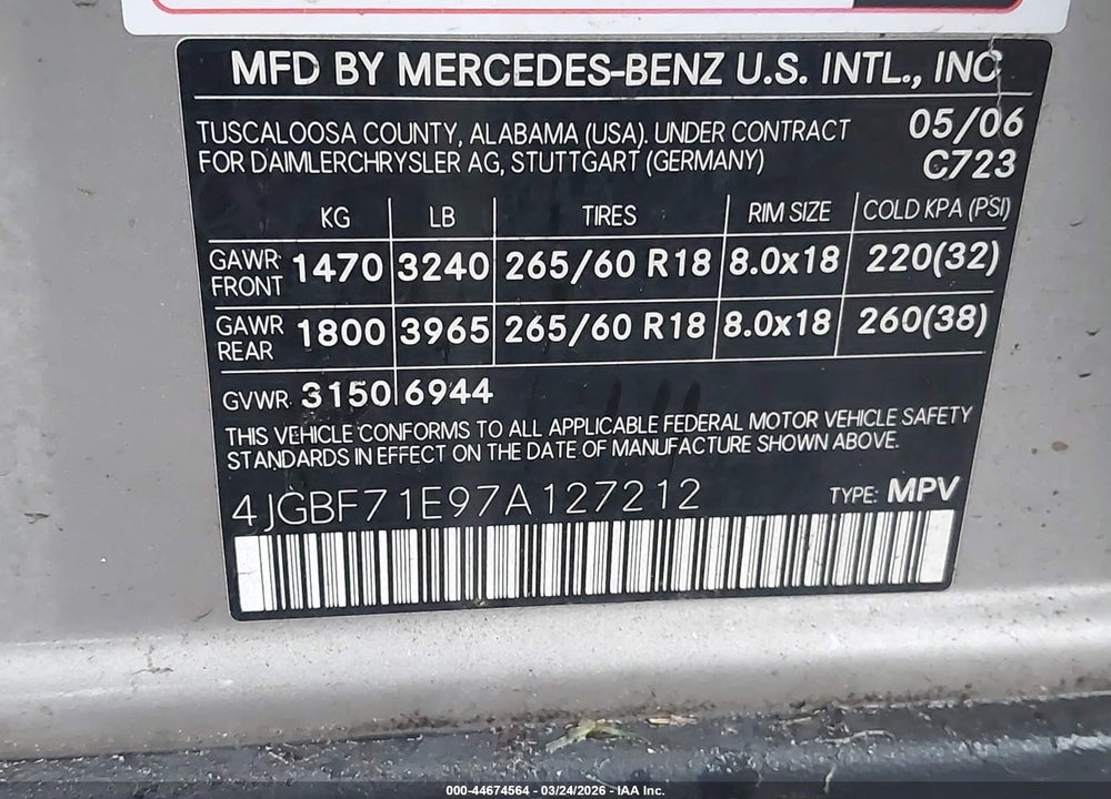 2007 MERCEDES-BENZ GL 450 4MATIC VIN: 4JGBF71E97A127212