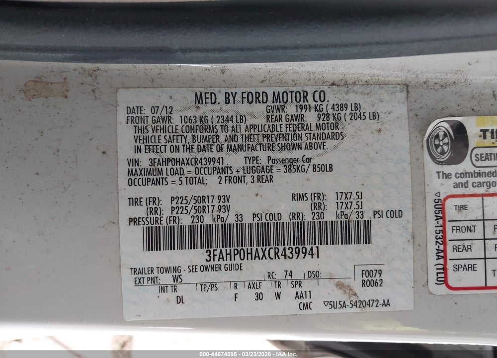 2012 FORD FUSION SE VIN: 3FAHP0HAXCR439941