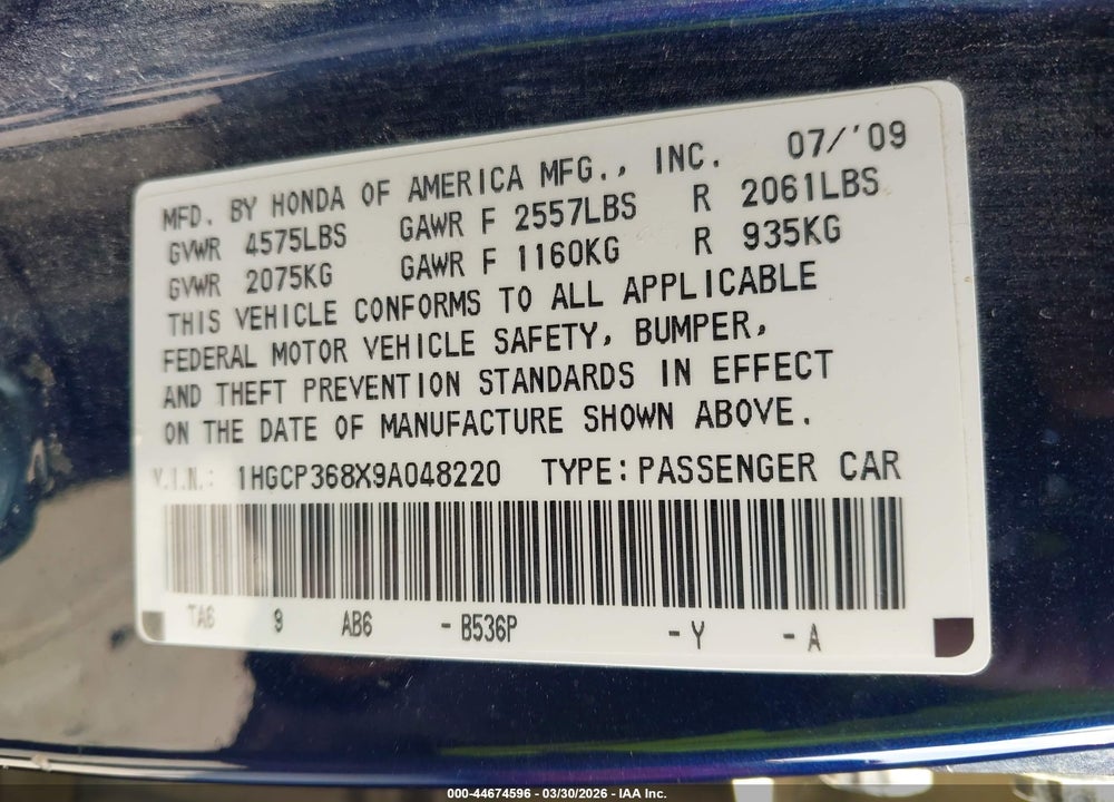 2009 HONDA ACCORD 3.5 EX-L VIN: 1HGCP368X9A048220
