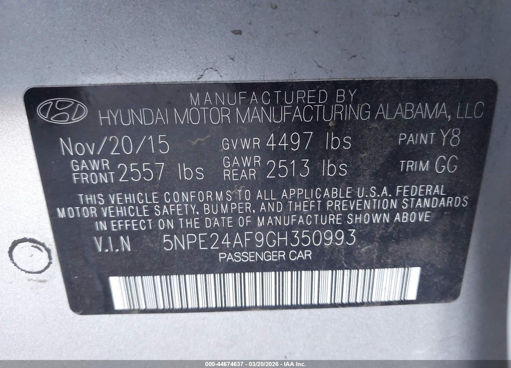 2016 HYUNDAI SONATA SE VIN: 5NPE24AF9GH350993