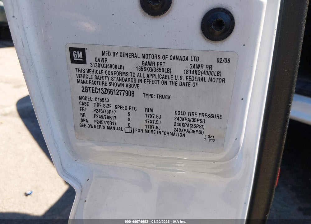 2006 GMC SIERRA 1500 SLE1 VIN: 2GTEC13Z661277908