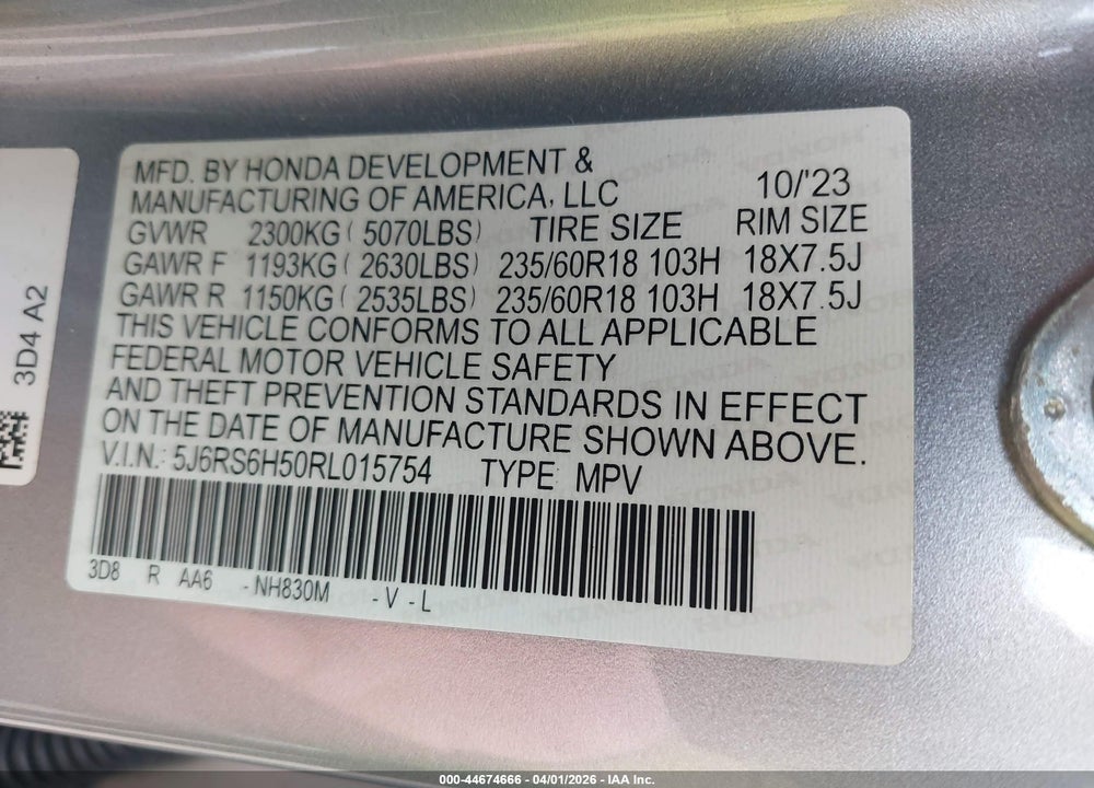 2024 HONDA CR-V HYBRID SPORT VIN: 5J6RS6H50RL015754