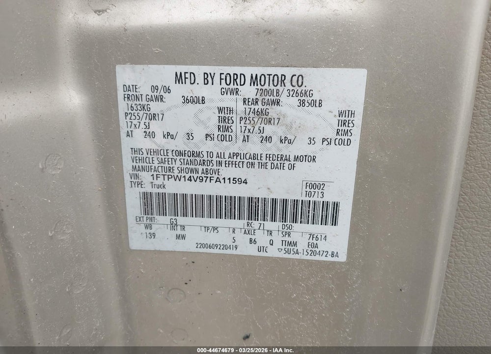 2007 FORD F-150 FX4/LARIAT/XLT VIN: 1FTPW14V97FA11594