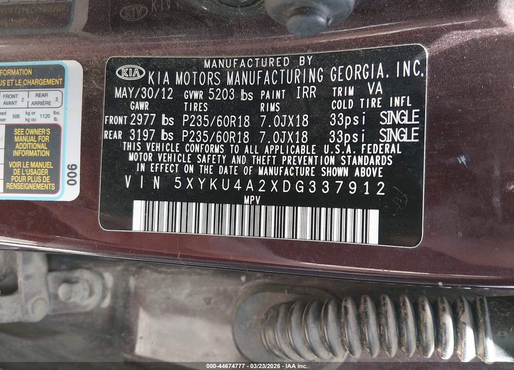 2013 KIA SORENTO EX V6 VIN: 5XYKU4A2XDG337912