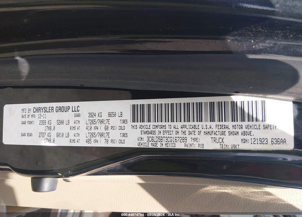 2012 RAM 2500 SLT VIN: 3C6LD5BT9CG167289
