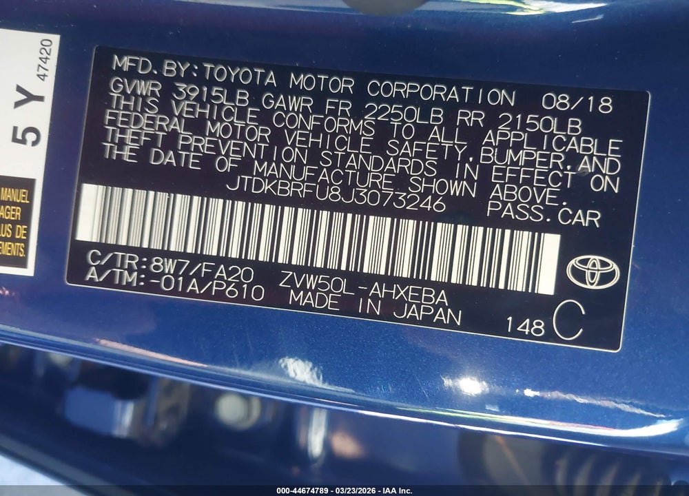 2018 TOYOTA PRIUS TWO VIN: JTDKBRFU8J3073246