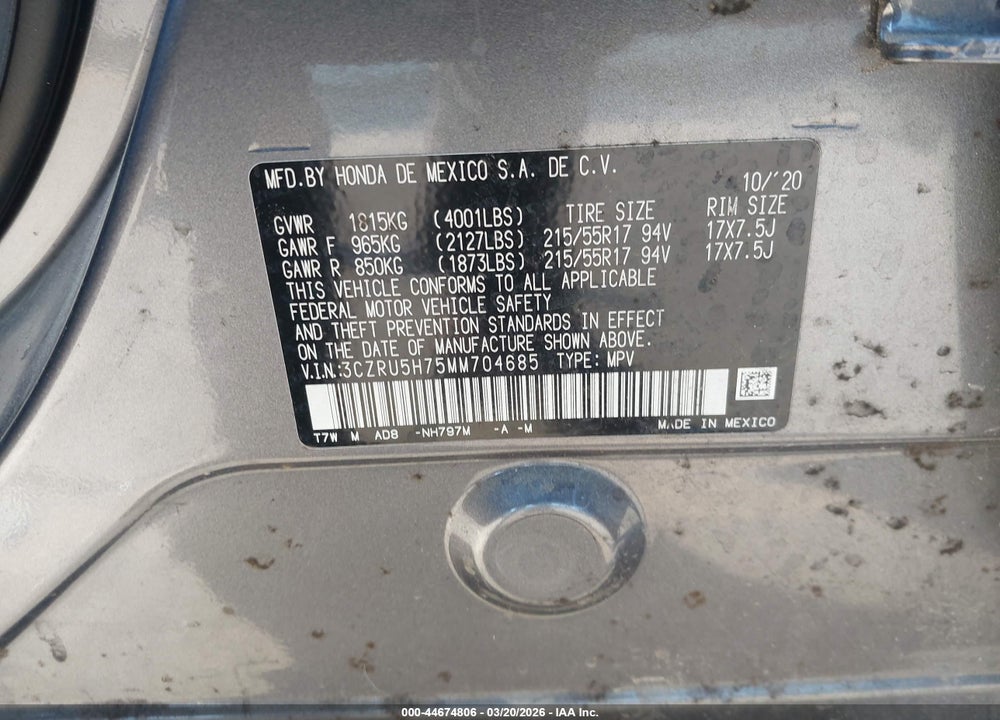 2021 HONDA HR-V 2WD EX-L VIN: 3CZRU5H75MM704685