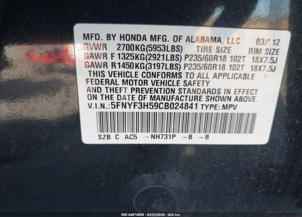 2012 HONDA PILOT EX-L VIN: 5FNYF3H59CB024841