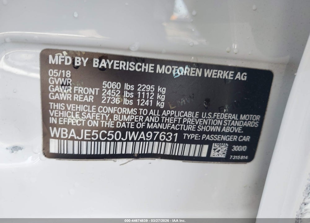 2018 BMW 540I VIN: WBAJE5C50JWA97631