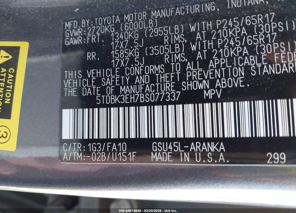 2011 TOYOTA HIGHLANDER BASE V6 VIN: 5TDBK3EH7BS077337