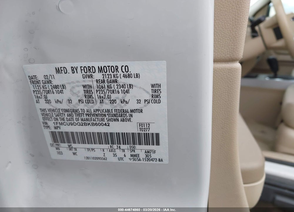 2011 FORD ESCAPE XLT VIN: 1FMCU9DG2BKB60042