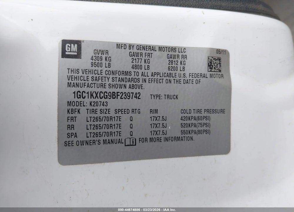 2011 CHEVROLET SILVERADO 2500HD LT VIN: 1GC1KXCG9BF239742