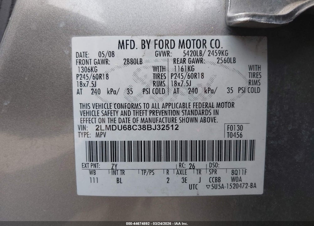2008 LINCOLN MKX VIN: 2LMDU68C38BJ32512