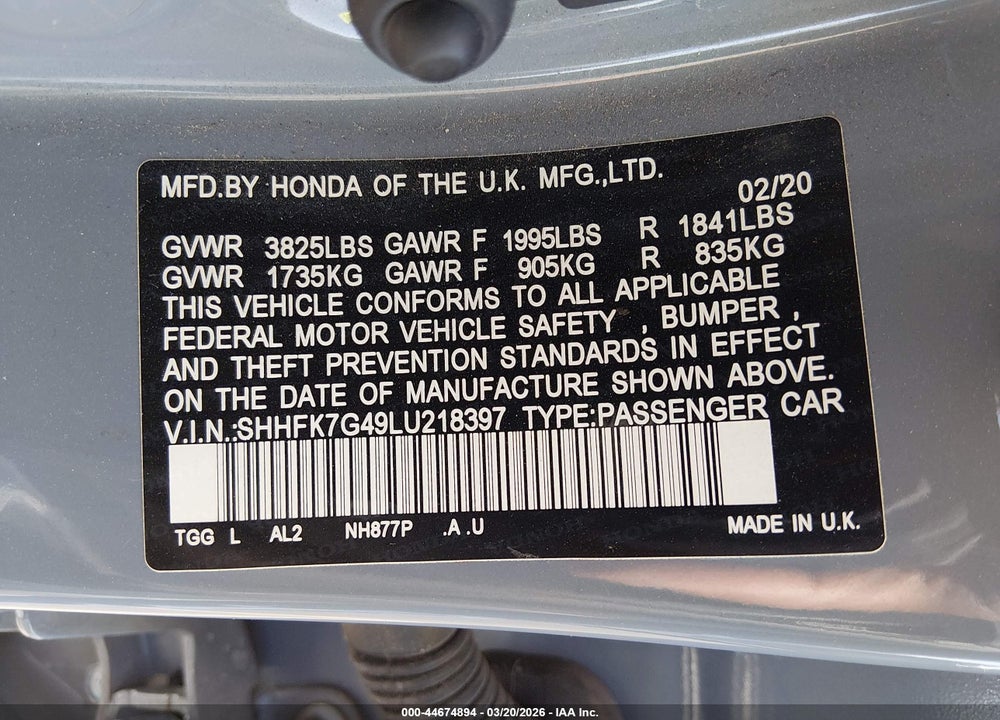 2020 HONDA CIVIC SPORT VIN: SHHFK7G49LU218397